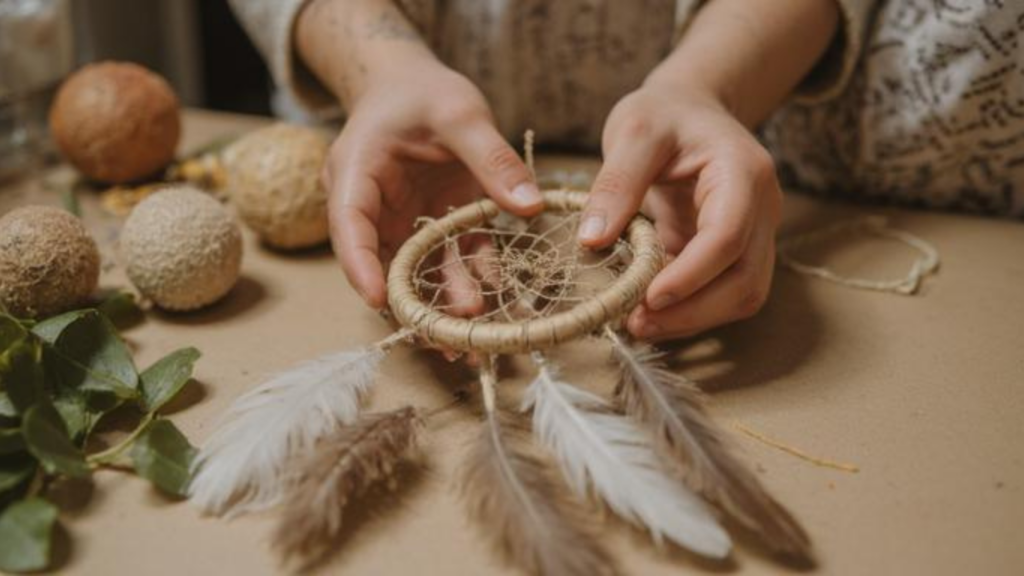 Close-up of hands carefully weaving a dreamcatcher, surrounded by threads, feathers, and natural textures, soft warm natural light, neutral and calm background, authentic and imperfect, focus on craftsmanship and detail, soft shadows, cozy and handmade atelier atmosphere, no smiling faces, realistic and artistic, high resolution, suitable for website cover.