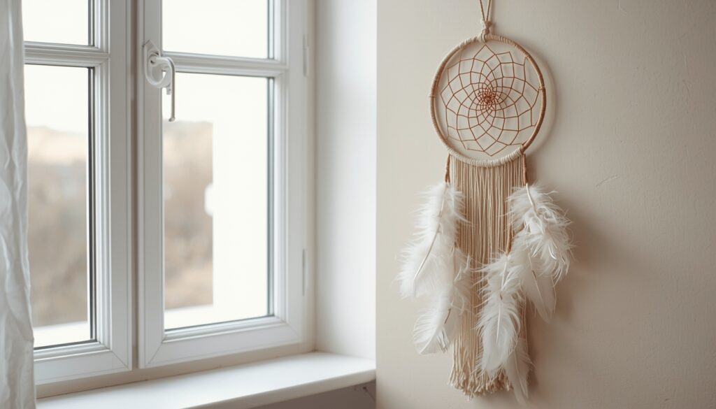 Minimal artisan desk scene with dreamcatcher near a window, soft diffused natural light, neutral background, subtle textures of threads and feathers, calm and warm mood, imperfect and real handmade feeling, gentle and emotional, suitable for a soft blog hero image."
