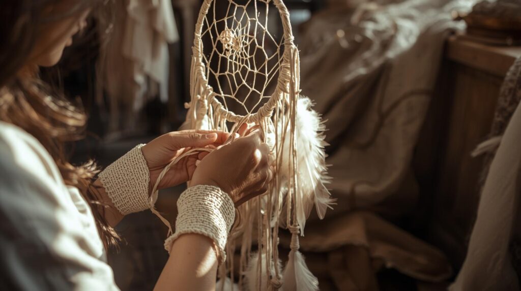 Hands crafting a handmade dreamcatcher in a cozy artisan workshop, threads and feathers clearly visible. Soft natural light coming from the side, warm neutral and earthy tones. Authentic, imperfect, and lived-in handmade atmosphere. Calm, inviting boho aesthetic, documentary-style photography, focused on the process rather than posing, not staged or commercial.
